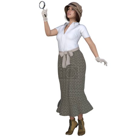 3D render, illustration, casual style woman with hat and magnifier