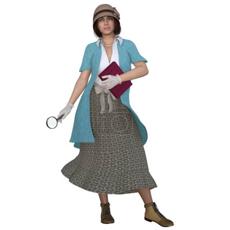Foto de Representación 3D, ilustración, mujer de estilo casual con sombrero, libro y lupa - Imagen libre de derechos