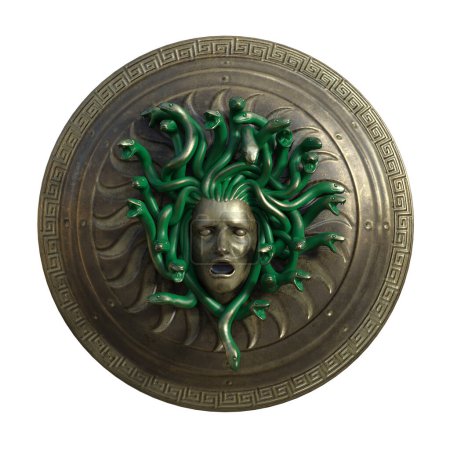 3D render, illustration, fantasy shield with medusa snake head metal