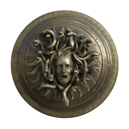3D render, illustration, fantasy shield with medusa snake head metal