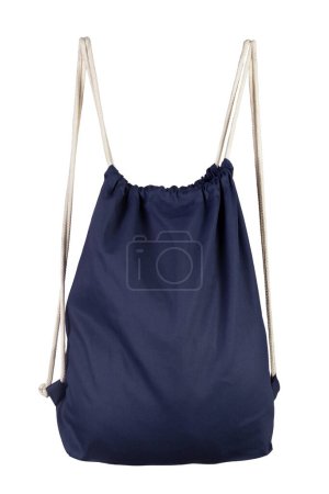 Drawstring pack template jute isolated on white. Blue bag. File contains clipping path.