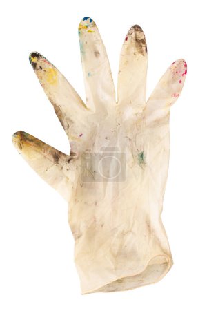Photo for White rubber gloves in spots of paint on white background. The concept of creativity, creation. File contains clipping path. - Royalty Free Image