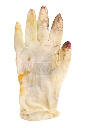 Photo for White rubber gloves in spots of paint on white background. The concept of creativity, creation. File contains clipping path. - Royalty Free Image