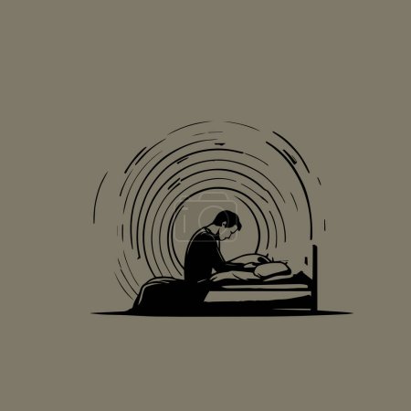 Conceptual Illustration of a Man reading book and suffering from insomnia