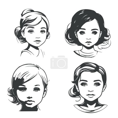  A Set of Conceptual Ink Drawing Illustration of Baby Girl Face Art Portraits