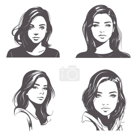 A Set of Conceptual Ink Drawing Illustration of Teenage Girl Face Art Portraits