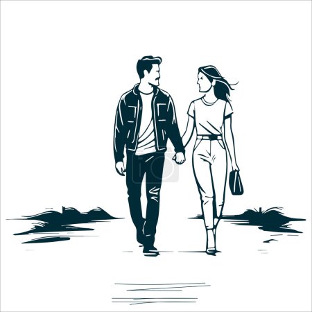  Dibujo de tinta conceptual Ilustración de feliz pareja joven caminando 