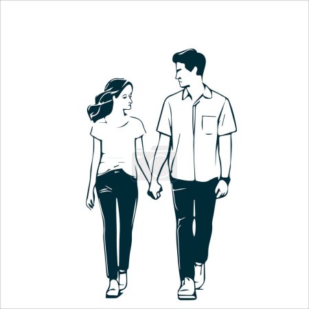  Dibujo de tinta conceptual Ilustración de feliz pareja joven caminando 