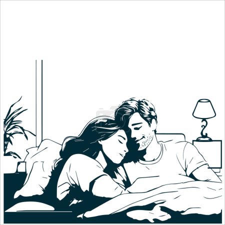 Dibujo de tinta conceptual Ilustración de pareja joven y feliz durmiendo y acercándose