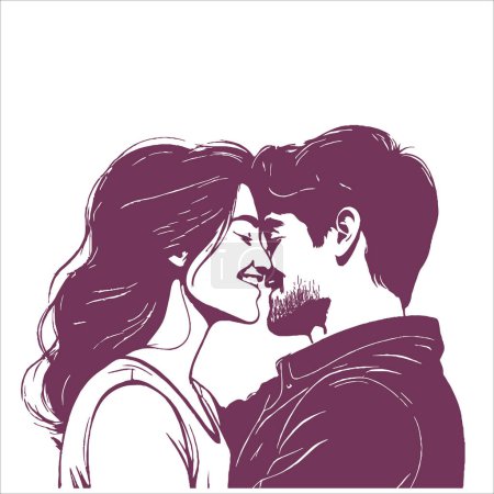 Dibujo de tinta conceptual Ilustración de una feliz pareja joven abrazándose y acercándose