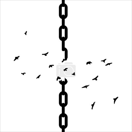  Ketten brechen und Vögel fliegen, Konzeptuelle Illustration von Freiheit und Wandel, kreative Idee. Rechte und Gesetz. Liberale. Motivation und Hoffnung
