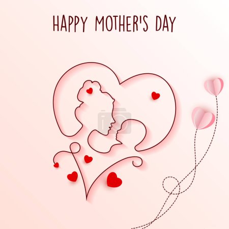 Ilustración de Diseño de la tarjeta del día de las madres con el arte de la línea de la cara de mamá y bebé y formas del corazón - Imagen libre de derechos