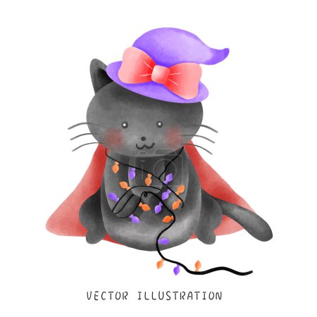 Téléchargez les photos : Capturez l'enchantement d'Halloween avec cette délicieuse aquarelle. Un joli chat noir, vêtu d'une cape rouge, interagit de façon ludique avec une série d'ampoules vibrantes. Parfait pour les décorations de vacances et ajouter une touche de magie à vos projets - en image libre de droit