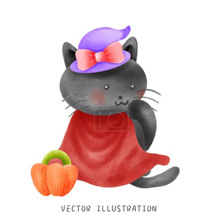 Téléchargez les photos : Entrez dans un monde de magie d'Halloween avec cette illustration aquarelle délicieuse. Un mignon chat noir habillé en vampire, orné d'un arc rose et d'un chapeau de sorcière, est prêt à se joindre à la fête festive d'Halloween. Profitez de la saison effrayante avec cette enchanterie - en image libre de droit