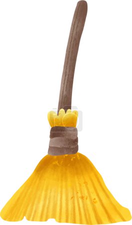 Photo for Mystical Halloween Witch on a Wooden Yellow Broom in Enchanted Watercolor Style - Royalty Free Image