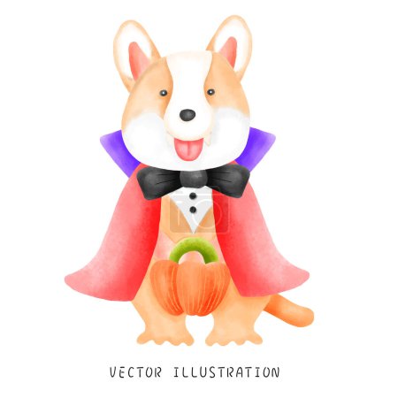 Illustration for Watercolor style Pembroke Welsh Corgi holding a pumpkin and dressed as a cute vampire to celebrate Halloween - Royalty Free Image
