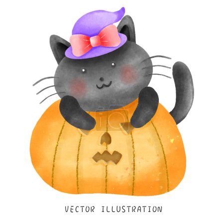 Téléchargez les illustrations : Une jolie aquarelle chat noir portant un chapeau de sorcière pourpre couché sur le dessus d'une citrouille pour Halloween - en licence libre de droit