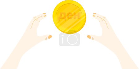 Illustration for Female hand with a golden coin in a hand on a white background. - Royalty Free Image