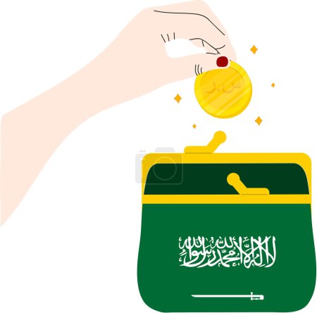 Ilustración de Ilustración vectorial de una mano sosteniendo una bolsa de oro con una moneda - Imagen libre de derechos