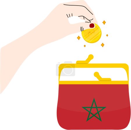 Téléchargez les illustrations : Main avec un sac et une pièce de monnaie avec le drapeau du Maroc à la main. illustration vectorielle - en licence libre de droit