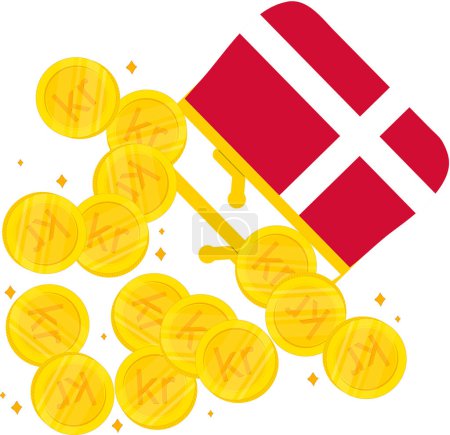 Téléchargez les illustrations : Pièces d'or avec drapeau du Danemark. illustration vectorielle plate de dessin animé. - en licence libre de droit