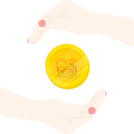 Illustration for Hand holds a bitcoin coin in the circle on white background - Royalty Free Image