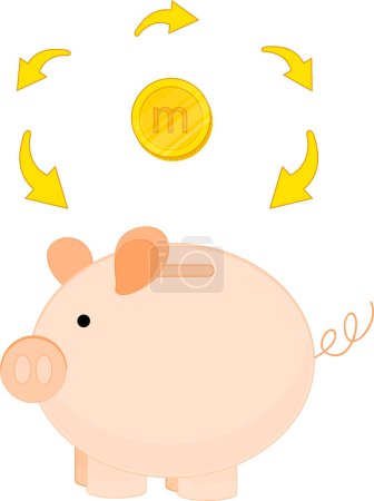 Téléchargez les illustrations : Personnage de dessin animé vectoriel d'un cochon en pièce d'or avec une tirelire - en licence libre de droit