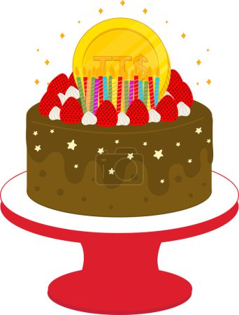 Illustration for Vector illustration of a cake with a candle and a cherry - Royalty Free Image