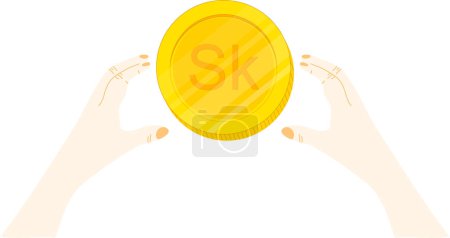 Illustration for Hand holding coin with a golden background. vector illustration - Royalty Free Image