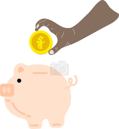 Téléchargez les illustrations : Main tenant pièce de monnaie et cochon avec motif d'illustration vectoriel d'argent - en licence libre de droit