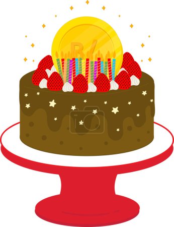 Téléchargez les illustrations : Gâteau d'anniversaire aux fraises, bougies, vecteur. - en licence libre de droit