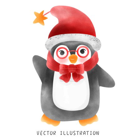 Téléchargez les illustrations : Pingouin de Noël en aquarelle - en licence libre de droit