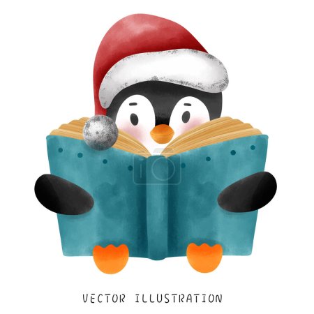 Illustration for Adorable Penguin in Red Hat and Scarf Enjoying Christmas Reading - Royalty Free Image