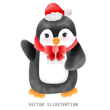 Téléchargez les illustrations : Adorable pingouin d'hiver avec écharpe rouge et chapeau Illustration de Noël fantaisiste - en licence libre de droit
