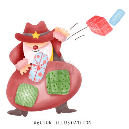 Illustration for Santa Claus in Denim Cute Cowboy with a Christmas Gift Bag - Royalty Free Image