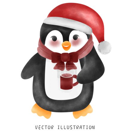 Illustration for Adorable Penguin in Red Hat and Scarf Enjoying Christmas Coffee - Royalty Free Image