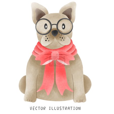 Ilustración de Acuarela Estilo Bulldog francés con sombrero de Navidad - Ilustración festiva dibujada a mano - Imagen libre de derechos