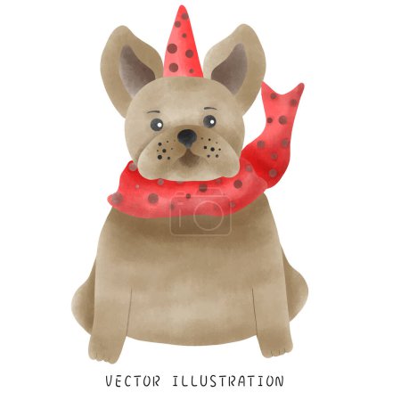 Ilustración de Acuarela Estilo Bulldog francés con sombrero de Navidad - Ilustración festiva dibujada a mano - Imagen libre de derechos