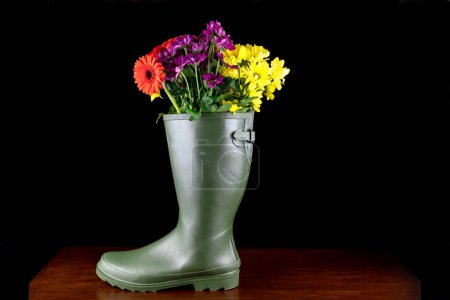 Flowers in a rubber wellington boot on a wooden bench on a black background