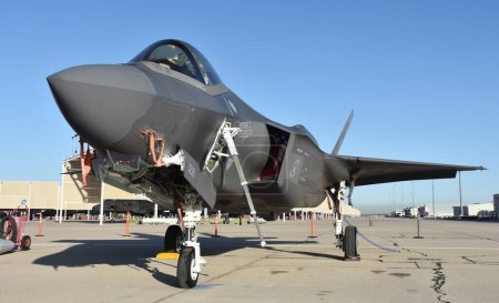 Photo for Tucson, USA - March 4, 2021: A U.S. Air Force F-35 Joint Strike Fighter (Lightning II) jet at Davis Monthan Air Force Base. This F-35 is assigned to Hill Air Force Base. - Royalty Free Image