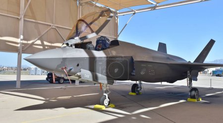 Photo for Tucson, AZ, USA - March 25, 2023: A U.S. Air Force F-35 Joint Strike Fighter (Lightning II) in a hangar at Davis-Monthan Air Force Base. - Royalty Free Image