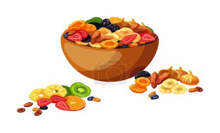 Téléchargez les photos : Illustration vectorielle d'un bol avec de délicieux fruits secs isolés sur du blanc. Fruits secs en dessin animé : ananas, kiwi, dattes, abricots secs, pruneaux, raisins secs, oranges, fraises, bananes, figues - en image libre de droit