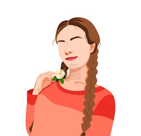 Illustration for Vector illustration of a pretty girl with a flower in her hand in a flat style. Cute smiling girl with pigtails holding white flower in hand isolated on white background. Fashion illustration - Royalty Free Image