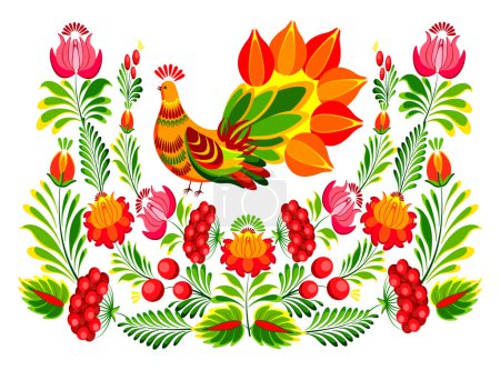 Illustration for Vector illustration of Ukrainian Petrykivka painting isolated on white background. Petrykivka composition of the summer season with a fantastic bird, leaves, viburnum, flowers in a cartoon style. - Royalty Free Image