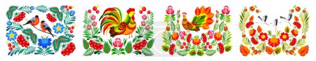 Illustration for Set of different seasons of the Ukrainian Petrykivsky painting: winter, spring, summer, autumn isolated on a white background. Vector illustration of birds, flowers, leaves, viburnum in cartoon style. - Royalty Free Image
