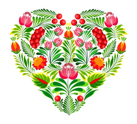 Illustration for Heart with colorful flowers, leaves, red viburnum berries isolated on a white background. Vector illustration of a bright floral heart with elements of Petrykivka painting. Cartoon style. - Royalty Free Image