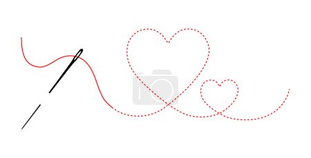 Ilustración de Aguja con hilo rojo en forma de corazón. Corazón bordado costura hacia adelante. Ilustración vectorial de un contorno del corazón. - Imagen libre de derechos