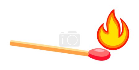 Illustration for A match with fire in a cartoon style. Vector illustration of a beautiful match lit by fire isolated on white background. Hot. Lighting a gas tile burner with a match. - Royalty Free Image