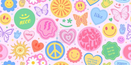 Illustration for Cool Y2k Seamless Pattern with Smile Stickers. Pop Art Illustration for Print. Trendy Groovy Texture. - Royalty Free Image