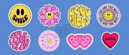 Illustration for Cool Y2K Stickers Pack. Trendy Groovy Smile Patches. Pop Art Labels Vector Design. - Royalty Free Image